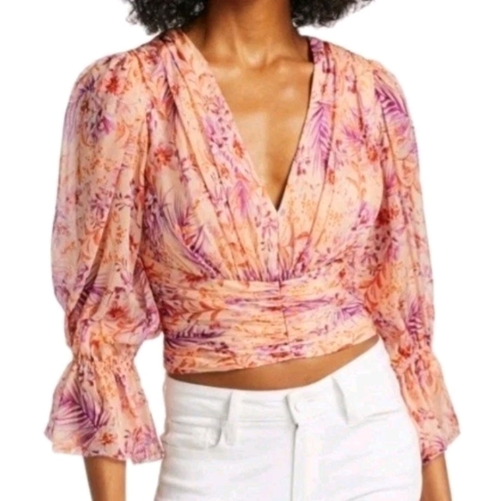 AMUR Gitana Floral Silk Crop Blouse 3/4 Flutter Sleeves Flirty Coquette Dainty
